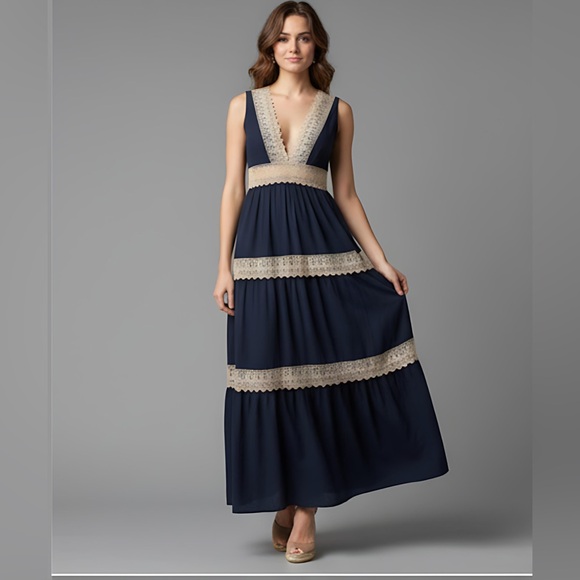 Boho Deep V-Neck Lace Trimmed Sleeveless Dress Blue - Picture 3 of 9